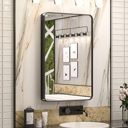 Keonjinn 20 x 32 Inch Black Mirrored Medicine Cabinet, Recessed Medicine Cabinets for Bathroom, Gloss Black Stainless Steel Framed, Adjustable Shelves, In Wall or Surface Mount, Sturdy & Heavy, Modern