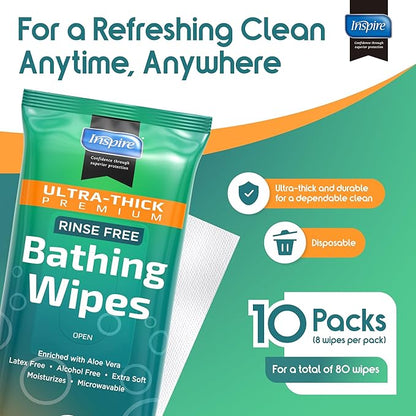Inspire Ultra Thick Rinse-Free Bath Towels | Shower Towels - Flush-Free Wet Wipes with Aloe | Thick Strong Extra Large Towel for Adults | Body Wipes for Adults Bathing No Rinse