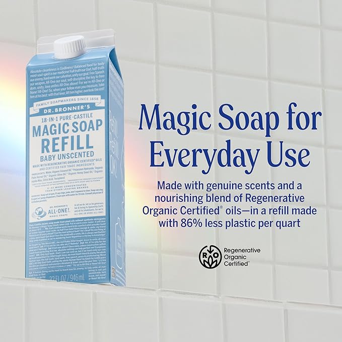 Dr. Bronner's Magic Soap-Pure-Castile Liquid Refill (Baby Unscented, 32 ounce, 2-Pack) - Made with Regenerative Organic Certified Oils, For Body, Hair, Laundry, Pets & Dishes, Concentrated, Vegan