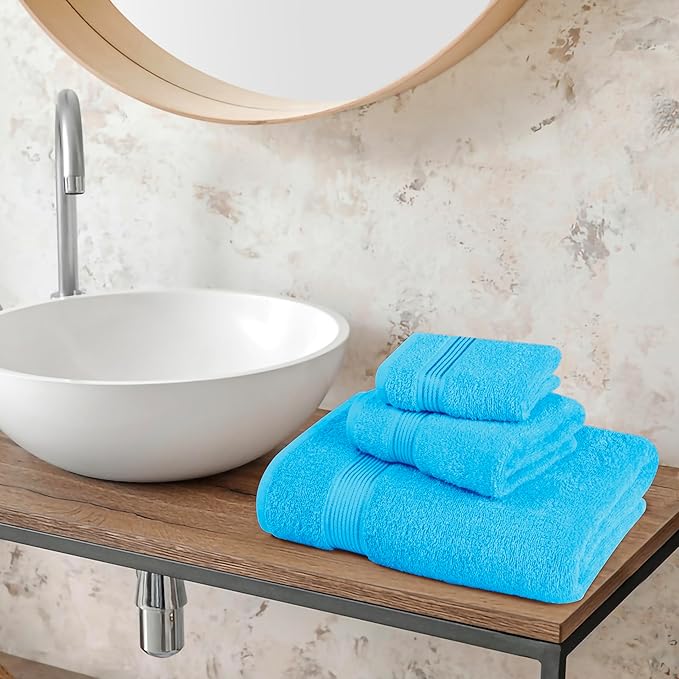 Belizzi Home Ultra Soft 3 Pack Cotton Towel Set, Contains a Bath Towel 28x55 inch, a Hand Towel 16x24 inch & a Wash Coth 12x12 inch, Ideal Everyday use, Compact & Lightweight - Turquoise Blue
