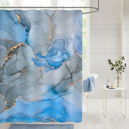 Gibelle Abstract Shower Curtain, Blue Grey Marble Fabric Shower Curtain for Bathroom, Modern Ink Art Decor Waterproof Shower Curtain Set with Hooks, 71x71