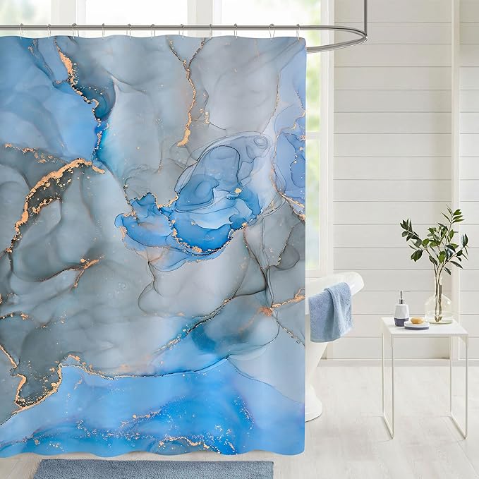 Gibelle Long Fabric Shower Curtain 72 x 78, Tall Abstract Blue Grey Marble Shower Curtain, Modern Ink Art Waterproof Fabric Shower Curtain Set with Hooks