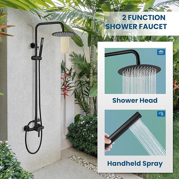 gotonovo Outdoor Shower Fixtures SUS304 Stainless Steel Rain Shower Kit Faucet High Pressure Wall Mount 2 Dual Function 8 Inch Showerhead and Handheld Spray Combo, Single Handle, Matte Black