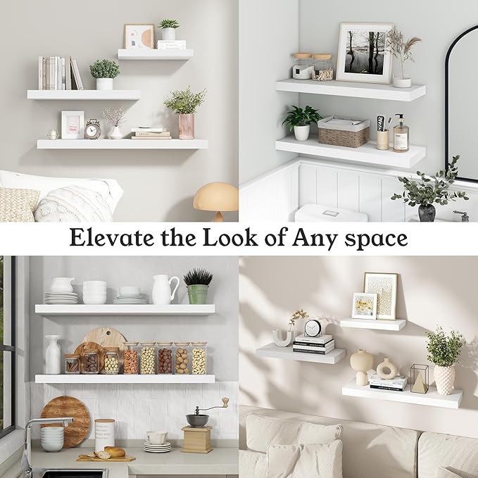 Floating Shelves for Wall, 9.3" Deep Wall Mounted Wood Shelves for Bathroom, Bedroom, Living Room, Kitchen, Hanging Shelf for Books/Storage/Room Decor (White, 48")