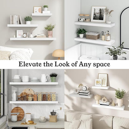 Floating Shelves for Wall, 7.9" Deep Wall Mounted Wood Shelves for Bathroom, Bedroom, Living Room, Kitchen, Hanging Shelf for Books/Storage/Room Decor (White, 16")
