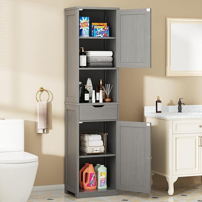 Walsunny Tall Bathroom Storage Cabinet with Freestanding Adjustable Shelves, Narrow Storage Linen Cabinet with 2 Doors and 1 Drawers for Bathroom, Living Room, Kitchen(Gray)