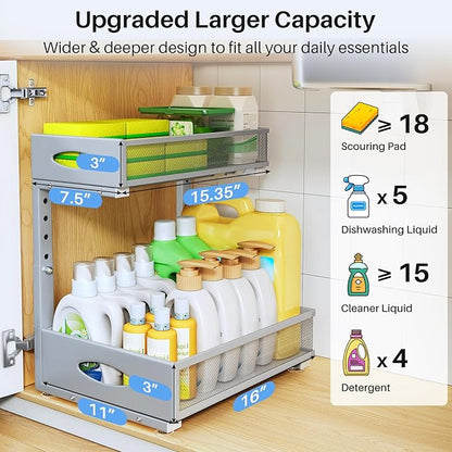 Under Sink Organizer, 2 Tier Pull Out Under Cabinet Organizer Shelf with Pad for Framed Cabinets, Metal Slide Out Under Sink Storage, Mesh Sliding Drawers for Kitchen Bathroom Laundry(Grey, 1 Pack)