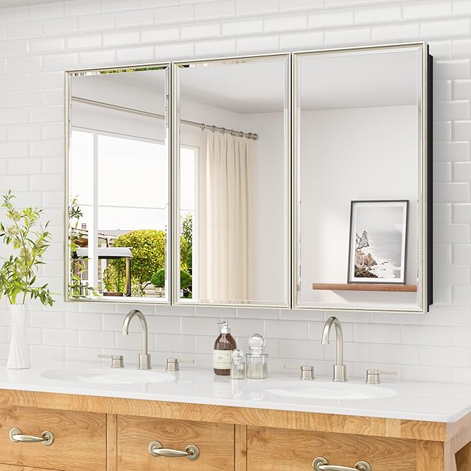 TETOTE 48" x 30" Brushed Nickel Medicine Cabinet Mirror with Storage Shelves Aluminum Alloy Frame with Beveled Edges Recessed or Wall-Mounted Rectangle Medicine Cabinet with Mirror