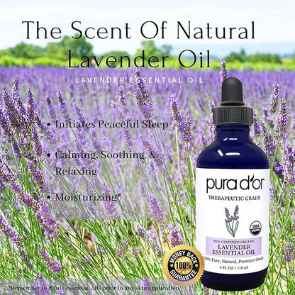 PURA D'OR Organic Lavender Essential Oil (4oz with Glass Dropper) 100% Pure & Natural Therapeutic Grade for Hair, Body, Skin, Aromatherapy Diffuser, Relaxation, Meditation, Massage, Home, DIY Soap