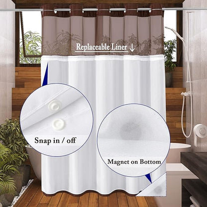 Gibelle Long Shower Curtain 72x80, Waffle Weave Bathroom Shower Curtain with Snap-in Fabric Liner Set, No Hooks Needed, Hotel Style with Mesh Top Window, Brown