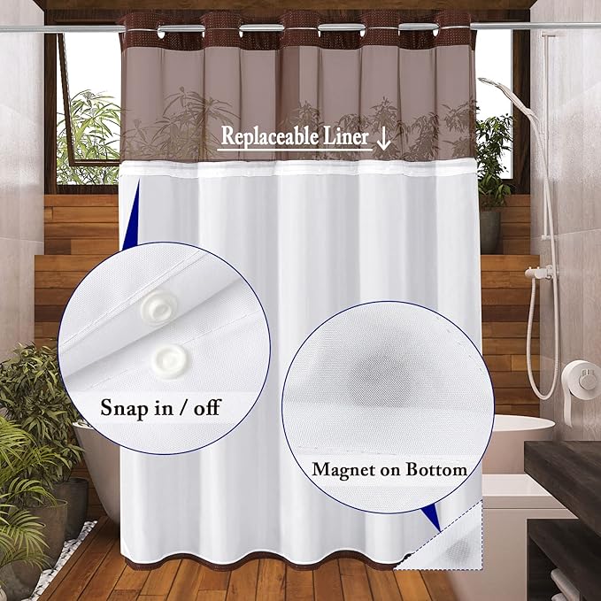Gibelle Extra Long Shower Curtain 72x86, Waffle Weave Bathroom Shower Curtain with Snap-in Fabric Liner Set, No Hooks Needed, Hotel Style with Mesh Top Window, Brown