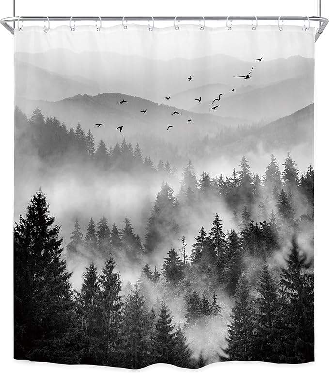 Riyidecor Black and White Shower Curtain 72Wx96H Inch Extra Long Mountain Scenery Nature Pine Tree Cool for Mens Scene View Landscape Bathroom Decor Fabric Polyester Waterproof 12 Pack Hooks