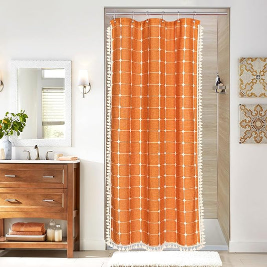 MitoVilla Boho Small Stall Shower Curtain 36 x 72, Orange Narrow Polyester Linen Fabric Shower Curtains for Farmhouse Bathroom Decor, Half Size Cloth Shower Curtain Set with Hooks