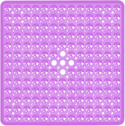 Square Shower Bathtub Mat Non Slip for Inside Shower Clear Purple 21x21 Inch, Shower Stall Mats for Bathroom Floor, Soft Bath Mat for Tub with Big Suction Cups Drain Holes, Easy Washable Dry