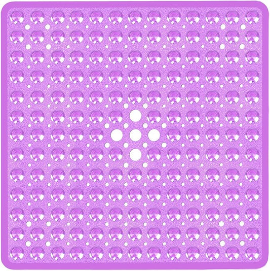 Square Shower Bathtub Mat Non Slip for Inside Shower Clear Purple 21x21 Inch, Shower Stall Mats for Bathroom Floor, Soft Bath Mat for Tub with Big Suction Cups Drain Holes, Easy Washable Dry