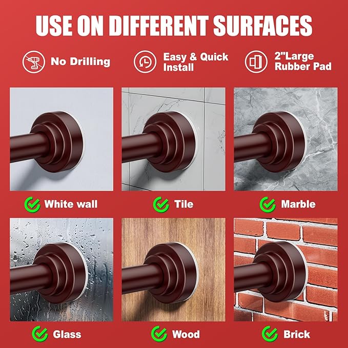 Ausemku Shower Curtain Rod Tension - 26-76 Inch Never Rust Non-Slip Spring Tension Curtain Rod No Drilling Stainless Steel Curtain Rod Use Bathroom Kitchen（Brown）