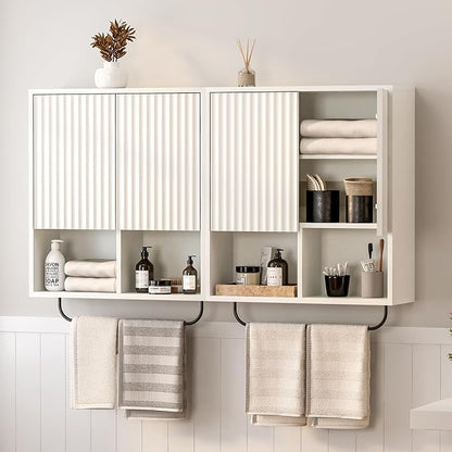 Bathroom Wall Cabinet, Fluted Wooden Medicine Cabinet Storage with 2 Doors, Adjustable Shelf and Towels Bar, Modern Wall Mount Large Floating Cabinet for Kitchen Laundry Room White