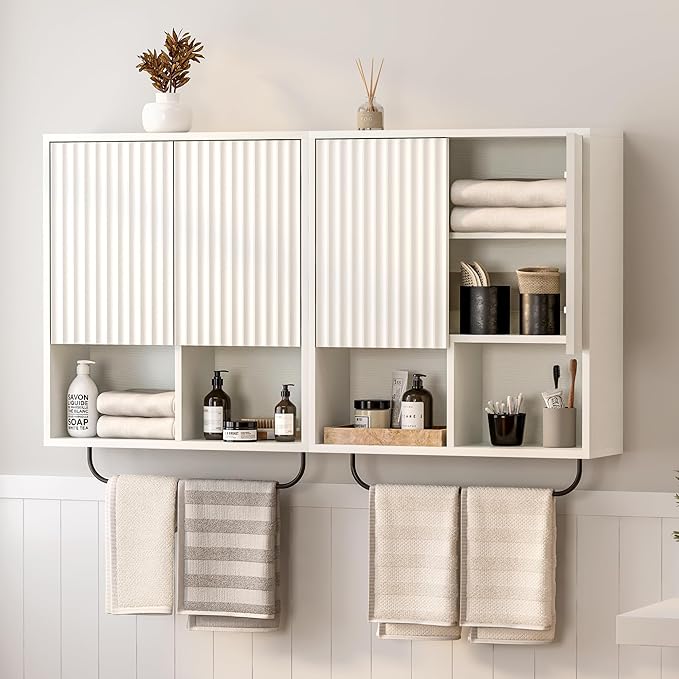 Fluted Wall Cabinet Set of 2, Wooden Bathroom Medicine Cabinet Storage with 2 Doors, Adjustable Shelf and Towels Bar, Modern Wall Mount Large Floating Cabinet for Kitchen White