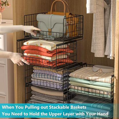 4-Tier Sliding Closet Organizers and Storage Shelves, Stackable Closet Shelf Organizer Basket Bins, Drawer Shelf Storage Container for Wardrobe Cupboard Kitchen Bathroom Office, Black