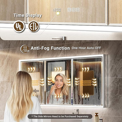 60x30 Beveled Lighted Medicine Cabinet with Mirror & Lights, Surface or Recessed Mirrored Medicine Cabinet with Outlet & Clock, Anti-Fog Dimmable LED Storage Cabinet, Built-in Sensor Light