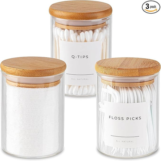 Mini Glass Apothecary Jars, Container Set, Bathroom Organizers and Storage, Bathroom Decor, with Bamboo Lids, Small Kitchen Containers, For Cotton Balls, Pads and Swabs, 10 oz, Set of 3