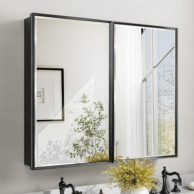 40x30 Pre-Assembled Black Medicine Cabinet with Mirror, Surface or Recessed Medicine Cabinet Mirror for Bathroom, Aluminum Beveled Frame Bathroom Vanity Mirror with Adjustable Shelves Storage