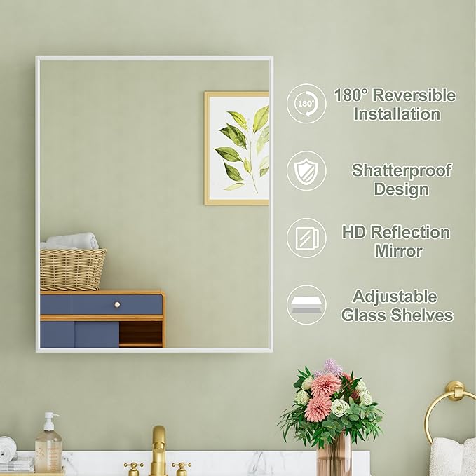 Buruis 24" x 30" Framed Medicine Cabinet with Mirror, Recessed or Wall Mounted Bathroom Cabinet, Adjustable Tempered Glass Shelves, Left/Right Open Reversible, No Assembly Required, White