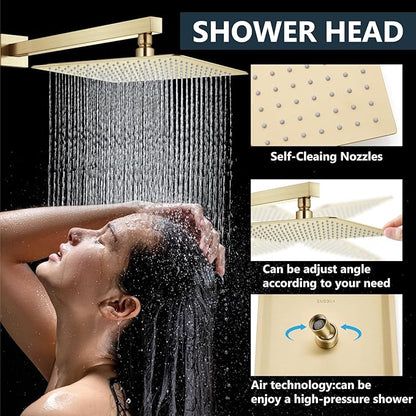 Aolemi Shower Faucet Set Rain Shower System with Handheld Spray Bathroom Shower Combo Rough-in Valve and Shower Trim Kit Included Brushed Gold 16 Inch Wall Mount Shower Head