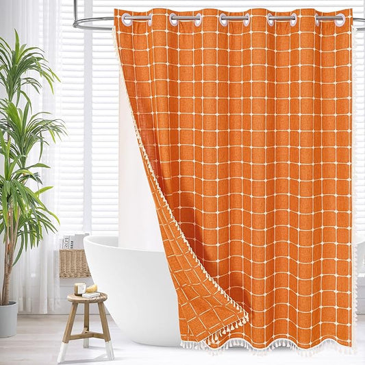 MitoVilla No Hooks Needed Orange Boho Shower Curtain with Snap-in Liner, Farmhouse Cotton Linen Fabric Shower Curtains with Tassels for Rustic Neutral Bathroom Decor, Burnt Orange, 72 x 74