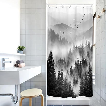 Riyidecor Black and White Shower Curtain 36Wx72H Inch Mountain Rustic Pine Tree Stall Half Small Rv Single Stand Up Camper Narrow Scenery View Bathroom Decor Fabric Polyester Waterproof 7 Pack Hooks