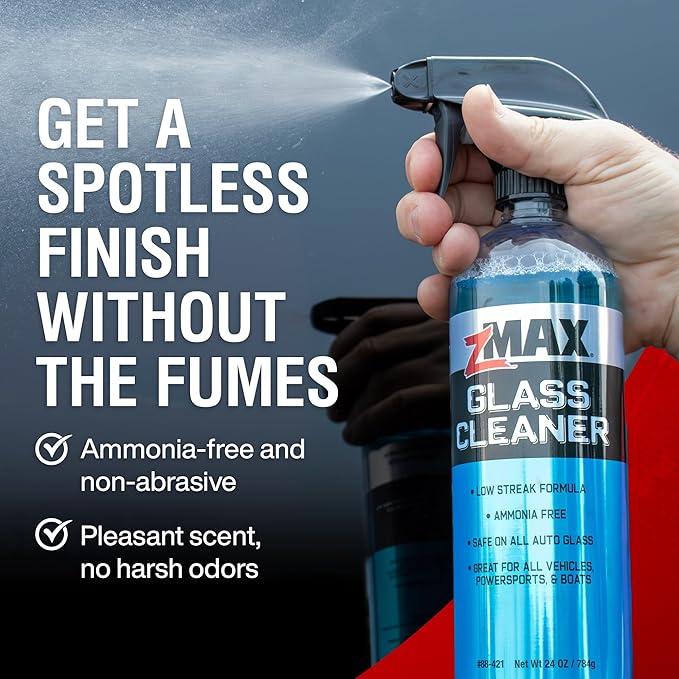 zMAX Glass Cleaner, 24 oz - Safe on All Auto Glass, Chrome Finishes, Mirrors, Windows, and Windshield - Streak-Free, Non-Abrasive, & Ammonia Free Window Cleaner for All Vehicles, Powersports, & Boats