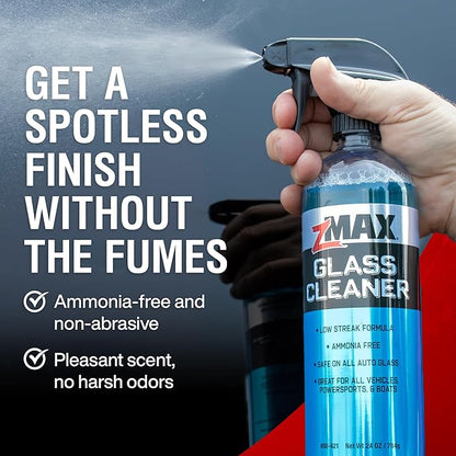 zMAX Glass Cleaner, 24 oz - Safe on All Auto Glass, Chrome Finishes, Mirrors, Windows, and Windshield - Streak-Free, Non-Abrasive, & Ammonia Free Window Cleaner for All Vehicles, Powersports, & Boats