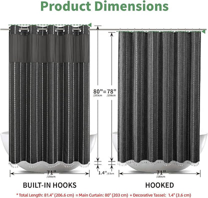 No Hook Long Shower Curtain Set with Snap-in Fabric Liner,Linen Textured Thick Striped Fabric with Tassels,Boho Farmhouse Rustic Luxury Bathroom Curtain,Water-Repellent,Charcoal Grey,71x80