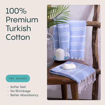 WETCAT Turkish Hand Towels with Hanging Loop, Set of 2 (20" x 30") 100% Turkish Cotton, Pre-Washed, Quick Drying, for Kitchen or Bathroom - Light Blue