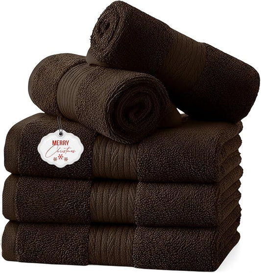 Ample Decor Washcloths Pack of 5 12 X 12 Inch, 600 GSM 100% Cotton Soft Absorbent, Premium Quality Durable Ideal for Bathroom, Pool, Hotel, Spa - Brown