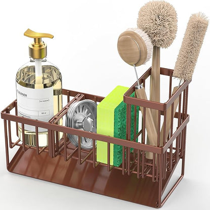 Cisily Kitchen Sink Caddy, Sponge Holder for Kitchen Sink, Kitchen Sink Organzier and Storage with High Brush Holder, Rustproof 304 Stainless Kitchen Gadgets Sink Accessories(Brown)