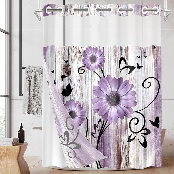 No Hook Purple Flower Shower Curtain with Snap in Fabric Liner Set, Rustic Farmhouse Daisy Double Layers Waterproof Fabric with See Through Top Window Open Grommet Bath Curtain 54x80 Inch