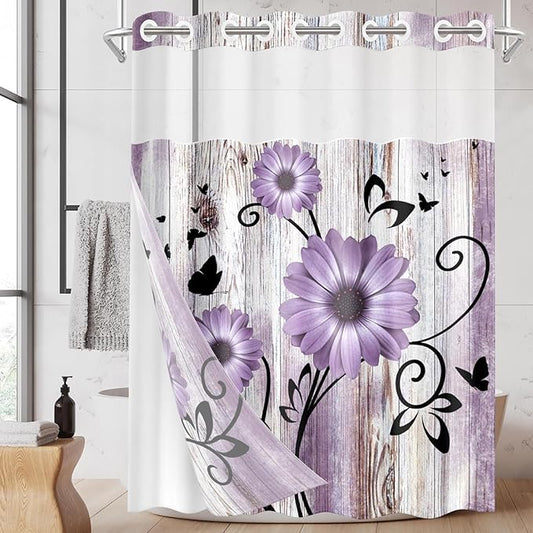 No Hook Purple Flower Shower Curtain with Snap in Fabric Liner Set, Rustic Farmhouse Daisy Double Layers Waterproof Fabric with See Through Top Window Open Grommet Bath Curtain 54x80 Inch
