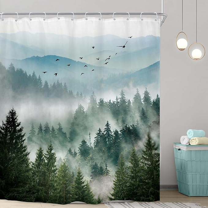 Riyidecor Green Mountain Shower Curtain 72Wx84H Inch Extra Long Nature Scenery Foggy Pine Tree Scenic Landscape Woodland Rustic Mens Bathroom Decor Fabric Polyester Waterproof 12 Pack Hooks