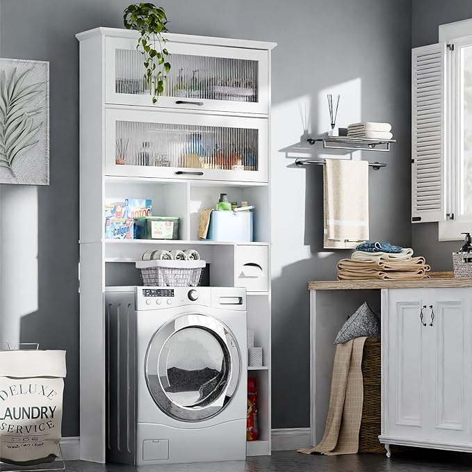 Over The Toilet Storage Cabinet with Transparent Door, Toilet Paper Storage Cabinet with Multi Layer Shelves Suitable for Bathroom, Laundry Room, Freestanding Bathroom Storage Rack,White