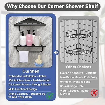 Corner Shower Shelf, 10'' Shower Corner Shelf with Towel Bar & Hooks, 304 Stainless Steel Recessed Bathroom Shelves, No Drilling for Tiled Wall, 2-Pack (Matte Black)