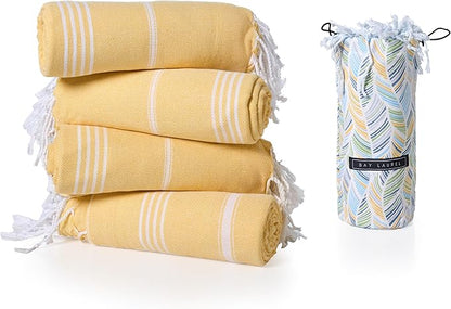 BAY LAUREL Turkish Beach Towel with Travel Bag 39 x 71 Quick Dry Sand Free Lightweight Large Oversized Towels Light - Pack of 4 (Pack of 4 - Dandelion with Floral Bag)