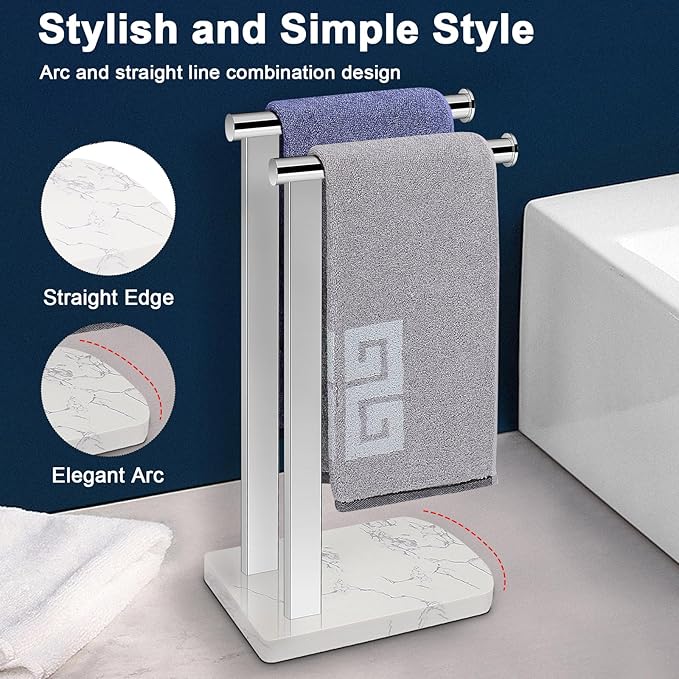 NearMoon Hand Towel Holder with Balanced Marble Base, SUS304 Stainless Steel Stand Towel Ring L Shape Hand Towel Rack Free-Standing Towel Bar for Bathroom Kitchen Countertop (Double Rod, Chrome)