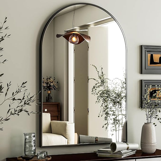 HARRITPURE Arched Wall Mirror 24"x36" – Black Metal Frame Vanity Mirrors for Bedroom, Entryway, Living Room Decor
