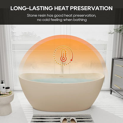 SJ STAR&JANE 65" Solid Surface Freestanding Bathtub Stone Resin Soaking Tub Milk Coffee Double Slippers Stand Alone Oval Tub with Pop-up Drain and Overflow for Bathroom