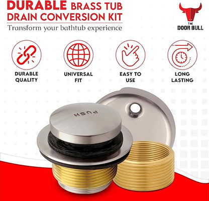 Tip-Toe Bathtub Drain Trim Kit with Two-Hole Overflow Faceplate – All Brass Tub Drain Stopper Replacement – Fits Fine or Coarse Thread Drain Shoe – Universal Tub Drain Assembly