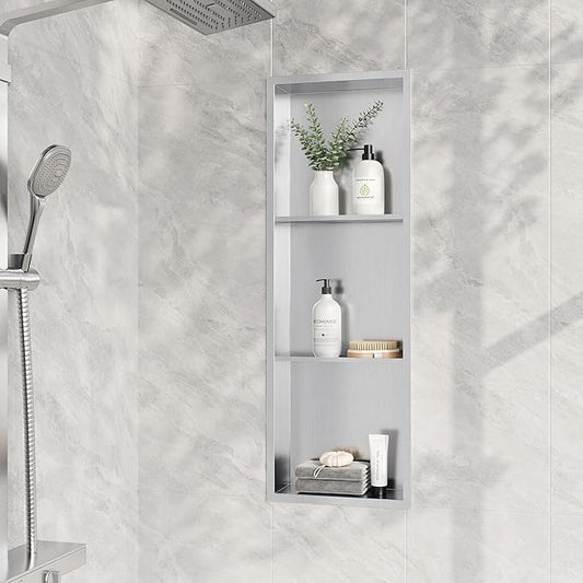 Neodrain12X36 Inch Shower Niche, Brushed 3-Tier Stainless Niches No Tile Needed Bathroom Wall Niche for Shower Storage Waterprooof, Recessed in Wall