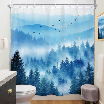 Riyidecor Navy Blue Shower Curtain，Mountain Nature Woodland Scenery，Park Scene View Natural Foggy Pine Tree Alpine Cool Designer Bathroom Decor Fabric Polyester Waterproof 12 Pack Hooks 72Wx72H Inch