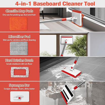 JEHONN Baseboard Cleaner Tool with Handle, 56 inches Base Boards Cleaning Mop Scrubber, 1 Stiff Bristles Brush, 2 Chenille and 2 Microfiber Pads, Wall Duster for Floorboard Ceiling Window Tile