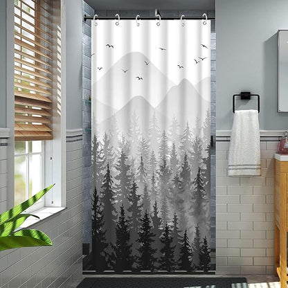 Aipon Black Misty Forest Shower Curtain Gray Ombre Nature Tree Plants Shower Curtains Fabric Waterproof Mountain Shower Curtain Sets for Bathroom Bath Decor (Black, 36'' × 72'')